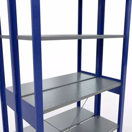 Produktbild Nr.7 des Artikels Grundregal, Doppelregal, Fachbodenregal Stecksystem MULTIplus150, 2500 x 1000 x (2x300) mm (HxBxT), 2x6 Fachböden, Kreuzstrebe, RAL 5010 enzianblau aus der Produktreihe Fachbodenregale von der Marke Schulte Lagertechnik
