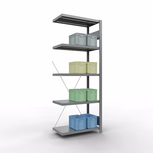 Produktbild Nr.15 des Artikels Anbauregal, Fachbodenregal Stecksystem MULTIplus250, 2000 x 750 x 400 mm (HxBxT), 5 Fachböden, Kreuzstrebe, verzinkt aus der Produktreihe Stecksystem von der Marke Schulte Lagertechnik