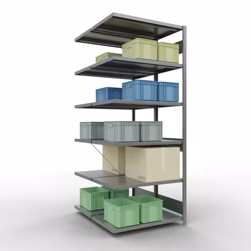 Andere Ansicht des Artikels Anbauregal, Doppelregal, Fachbodenregal Stecksystem MULTIplus250, 2500 x 1000 x (2x600) mm (HxBxT), 2x6 Fachböden, Kreuzstrebe, verzinkt aus der Kategorie Fachbodenregale