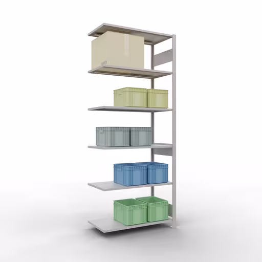 Zusatzbild des Artikels Anbauregal, Fachbodenregal Stecksystem MULTIplus150, 2500 x 1000 x 500 mm (HxBxT), 6 Fachböden, Längenriegel, RAL 7035 lichtgrau aus Anbauregal