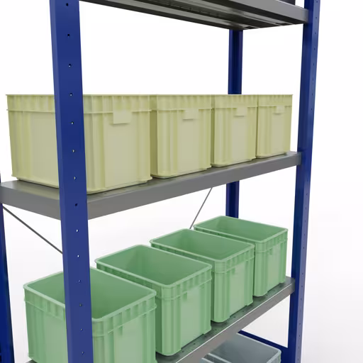 Abbildung Nr 15 des Artikels Grundregal, Fachbodenregal Stecksystem MULTIplus330, 2000 x 1000 x 300 mm (HxBxT), 5 Fachböden, Kreuzstrebe, RAL 5010 enzianblau/verzinkt aus der Produktgruppe Stecksystem von der Marke Schulte Lagertechnik