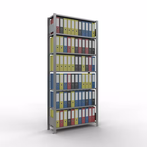 Grundregal, Büro-Fachbodenregal Stecksystem MULTIplus85, 2300 x 1000 x 300 mm (HxBxT), 7 Fachböden, Kreuzstrebe, verzinkt, ohne Anschlagleiste von Schulte Lagertechnik mit der Artikelnr. 17731