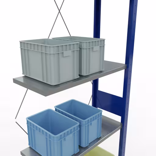 Anbauregal, Fachbodenregal Stecksystem MULTIplus150, 3000 x 750 x 300 mm (HxBxT), 7 Fachböden, Kreuzstrebe, RAL 5010 enzianblau/verzinkt/verzinkt von der Marke Schulte Lagertechnik aus der Produktreihe Stecksystem
