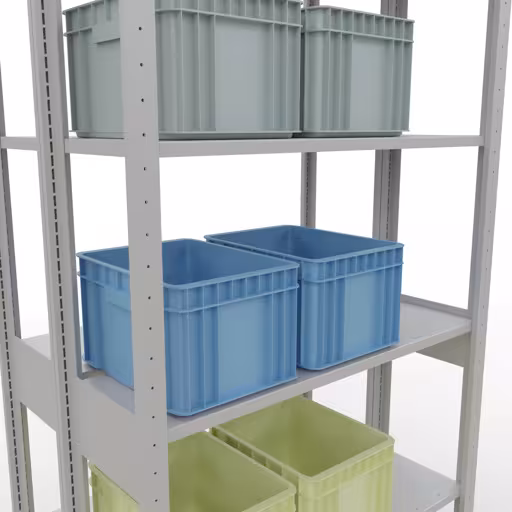 Andere Ansicht des Artikels Grundregal, Doppelregal, Fachbodenregal Stecksystem MULTIplus150, 2500 x 1000 x (2x300) mm (HxBxT), 2x6 Fachböden, Längenriegel, RAL 7035 lichtgrau aus der Kategorie Fachbodenregale
