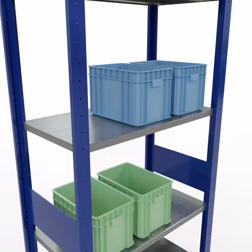 Produktbild Nr.14 des Artikels Grundregal, Fachbodenregal Stecksystem MULTIplus150, 3000 x 750 x 400 mm (HxBxT), 7 Fachböden, Längenriegel, RAL 5010 enzianblau/verzinkt/verzinkt aus der Produktreihe Stecksystem von der Marke Schulte Lagertechnik