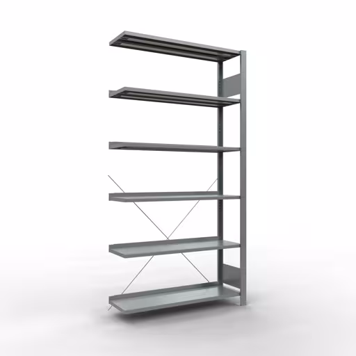 Abbildung Nr 9 des Artikels Anbauregal, Büro-Fachbodenregal Stecksystem MULTIplus85, 2000 x 1000 x 300 mm (HxBxT), 6 Fachböden, Kreuzstrebe, verzinkt, mit Anschlagleiste aus der Produktgruppe Büroregale von der Marke Schulte Lagertechnik