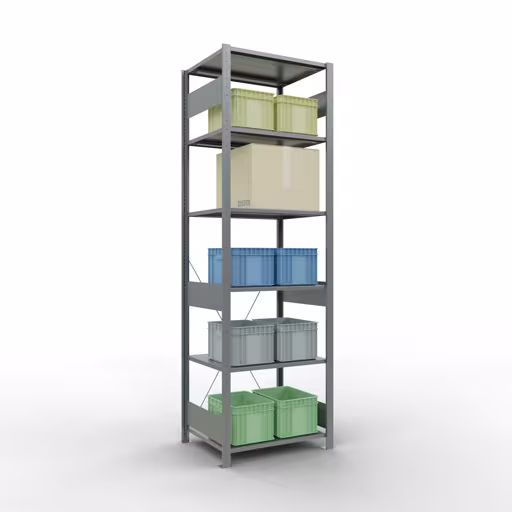 Grundregal, Fachbodenregal Stecksystem MULTIplus150, 2500 x 750 x 600 mm (HxBxT), 6 Fachböden, Kreuzstrebe, verzinkt von Schulte Lagertechnik aus der Kategorie Stecksystem