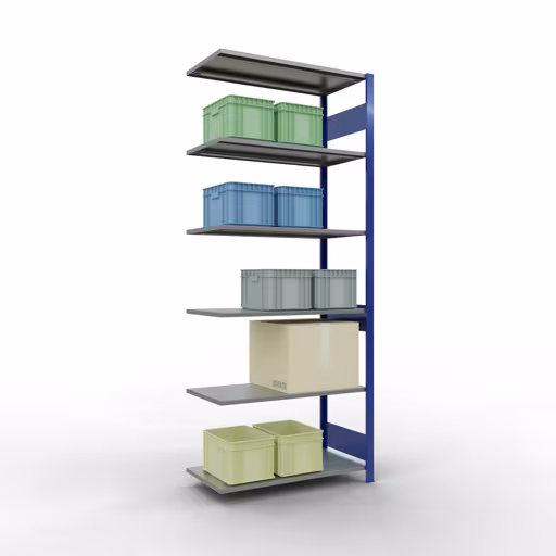 Andere Ansicht des Artikels Anbauregal, Fachbodenregal Stecksystem MULTIplus150, 2500 x 1000 x 500 mm (HxBxT), 6 Fachböden, Längenriegel, RAL 5010 enzianblau/verzinkt aus der Kategorie Anbauregal