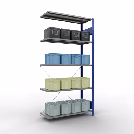 Abbildung Nr 13 des Artikels Anbauregal, Fachbodenregal Stecksystem MULTIplus85, 2000 x 1000 x 400 mm (HxBxT), 5 Fachböden, Kreuzstrebe, RAL 5010 enzianblau aus der Produktgruppe Stecksystem von der Marke Schulte Lagertechnik