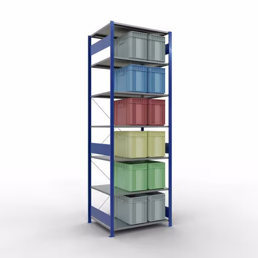 Grundregal, Fachbodenregal Stecksystem MULTIplus150, 3000 x 1000 x 800 mm (HxBxT), 7 Fachböden, Kreuzstrebe, RAL 5010/verzinkt aus der Kategorie Grundregal mit der GTIN 4004514279279 Grundregal, Fachbodenregal Stecksystem MULTIplus150, 3000 x 1000 x 800 mm (HxBxT), 7 Fachböden, Kreuzstrebe, RAL 5010/verzinkt von der Marke Schulte Lagertechnik aus der Produktreihe Stecksystem