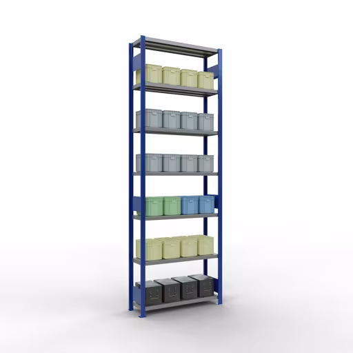 Abbildung Nr 15 des Artikels Grundregal, Fachbodenregal Stecksystem MULTIplus330, 3000 x 1000 x 300 mm (HxBxT), 7 Fachböden, Längenriegel, RAL 5010 enzianblau/verzinkt aus der Produktgruppe Stecksystem von der Marke Schulte Lagertechnik