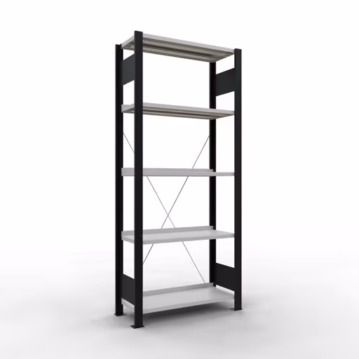 Grundregal, Büro-Fachbodenregal Stecksystem MULTIplus85, 1800 x 750 x 300 mm (HxBxT), 5 Fachböden, Kreuzstrebe, mit Anschlagleiste, schwarz/lichtgrau von der Marke Schulte Lagertechnik Grundregal, Büro-Fachbodenregal Stecksystem MULTIplus85, 1800 x 750 x 300 mm (HxBxT), 5 Fachböden, Kreuzstrebe, mit Anschlagleiste, schwarz/lichtgrau aus der Kategorie Stecksystem mit der Artikelnummer 36000-S