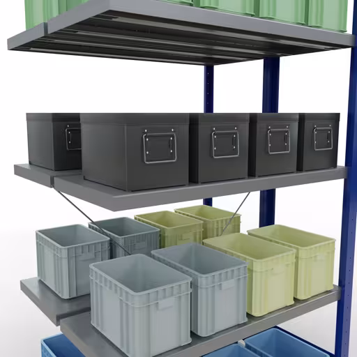 Abbildung Nr 16 des Artikels Anbauregal, Doppelregal, Fachbodenregal Stecksystem MULTIplus250, 2000 x 1000 x (2x400) mm (HxBxT), 2x5 Fachböden, Kreuzstrebe, RAL 5010 enzianblau aus der Produktgruppe Fachbodenregale von der Marke Schulte Lagertechnik