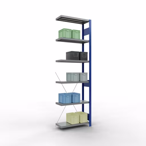 Abbildung Nr 12 des Artikels Anbauregal, Fachbodenregal Stecksystem MULTIplus250, 2500 x 750 x 300 mm (HxBxT), 6 Fachböden, Kreuzstrebe, RAL 5010 enzianblau/verzinkt/verzinkt aus der Produktgruppe Stecksystem von der Marke Schulte Lagertechnik