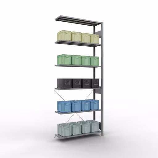 Produktbild Nr 12 des Artikels Anbauregal, Fachbodenregal Stecksystem MULTIplus85, 2500 x 1000 x 300 mm (HxBxT), 6 Fachböden, Kreuzstrebe, verzinkt Abbildung Nr 12 des Artikels Anbauregal, Fachbodenregal Stecksystem MULTIplus85, 2500 x 1000 x 300 mm (HxBxT), 6 Fachböden, Kreuzstrebe, verzinkt aus der Produktgruppe Stecksystem von der Marke Schulte Lagertechnik