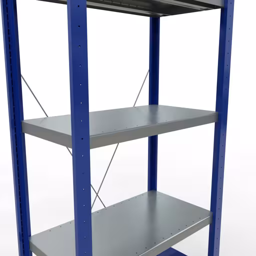 Produktbild Nr 13 des Artikels Grundregal, Fachbodenregal Stecksystem MULTIplus250, 2000 x 750 x 400 mm (HxBxT), 5 Fachböden, Kreuzstrebe, RAL 5010 enzianblau/verzinkt/verzinkt Abbildung Nr 13 des Artikels Grundregal, Fachbodenregal Stecksystem MULTIplus250, 2000 x 750 x 400 mm (HxBxT), 5 Fachböden, Kreuzstrebe, RAL 5010 enzianblau/verzinkt/verzinkt aus der Produktgruppe Stecksystem von der Marke Schulte Lagertechnik