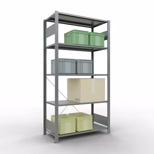 Andere Ansicht des Artikels Grundregal, Fachbodenregal Stecksystem MULTIplus150, 2000 x 1000 x 500 mm (HxBxT), 5 Fachböden, Kreuzstrebe, verzinkt - Expressline aus der Kategorie Grundregal