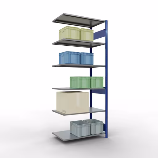 Zusatzbild des Artikels Anbauregal, Fachbodenregal Stecksystem MULTIplus150, 2500 x 1000 x 600 mm (HxBxT), 6 Fachböden, Längenriegel, RAL 5010 enzianblau/verzinkt aus Anbauregal