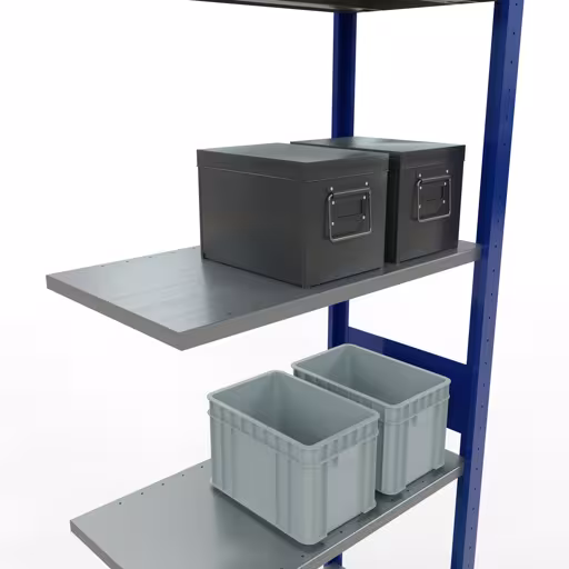 Anbauregal, Fachbodenregal Stecksystem MULTIplus150, 3000 x 750 x 400 mm (HxBxT), 7 Fachböden, Längenriegel, RAL 5010 enzianblau/verzinkt/verzinkt von der Marke Schulte Lagertechnik aus der Produktreihe Stecksystem