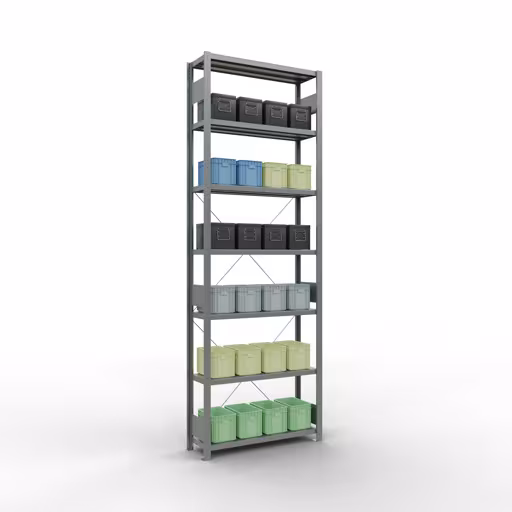 Produktbild Nr 15 des Artikels Grundregal, Fachbodenregal Stecksystem MULTIplus330, 3000 x 1000 x 300 mm (HxBxT), 7 Fachböden, Kreuzstrebe, verzinkt Abbildung Nr 15 des Artikels Grundregal, Fachbodenregal Stecksystem MULTIplus330, 3000 x 1000 x 300 mm (HxBxT), 7 Fachböden, Kreuzstrebe, verzinkt aus der Produktgruppe Stecksystem von der Marke Schulte Lagertechnik