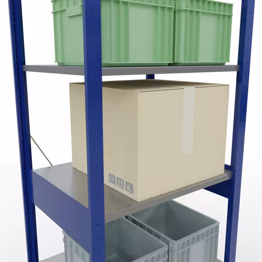 Andere Ansicht des Artikels Grundregal, Fachbodenregal Stecksystem MULTIplus150, 2500 x 750 x 600 mm (HxBxT), 6 Fachböden, Kreuzstrebe, RAL 5010 enzianblau/verzinkt/verzinkt aus der Kategorie Stecksystem