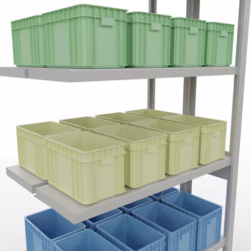 Andere Ansicht des Artikels Anbauregal, Doppelregal, Fachbodenregal Stecksystem MULTIplus250, 2500 x 1000 x (2x300) mm (HxBxT), 2x6 Fachböden, Kreuzstrebe, RAL 7035 lichtgrau aus der Kategorie Fachbodenregale