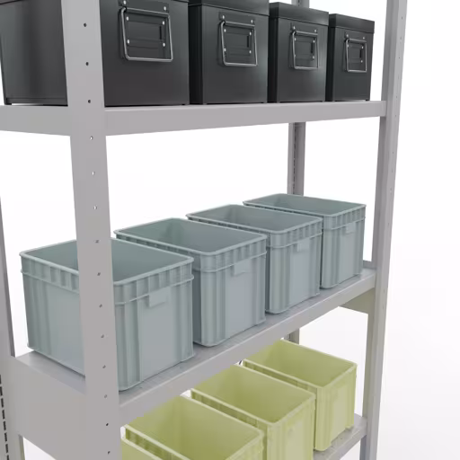 Abbildung Nr 15 des Artikels Grundregal, Fachbodenregal Stecksystem MULTIplus330, 2500 x 1000 x 300 mm (HxBxT), 6 Fachböden, Kreuzstrebe, RAL 7035 lichtgrau aus der Produktgruppe Stecksystem von der Marke Schulte Lagertechnik