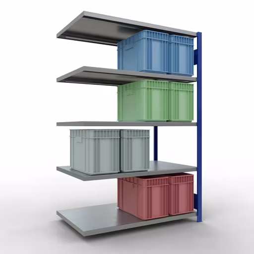 Anbauregal, Fachbodenregal Stecksystem MULTIplus250, 2000 x 1300 x 800 mm (HxBxT), 5 Fachböden, Längenriegel, RAL 5010 enzianblau/verzinkt von Schulte Lagertechnik mit der Artikelnr. 12985-130-LR-B