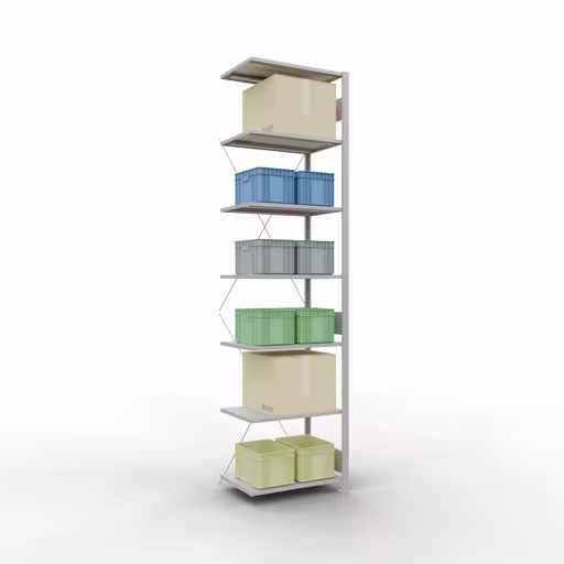 Anbauregal, Fachbodenregal Stecksystem MULTIplus150, 3000 x 750 x 500 mm (HxBxT), 7 Fachböden, Kreuzstrebe, RAL 7035 lichtgrau von Schulte Lagertechnik mit der Artikelnr. 32657-75