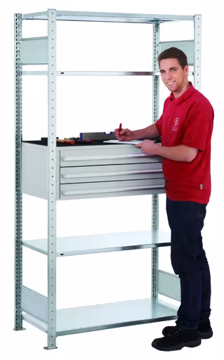 Anbauregal, Schubladenregal MULTIplus150, 2000 x 1000 x 500 mm (HxBxT), 4 MULTIplus150-Fachböden, 1 Stück 3er Schubladenset, verzinkt von Schulte Lagertechnik aus der Kategorie Fachbodenregale