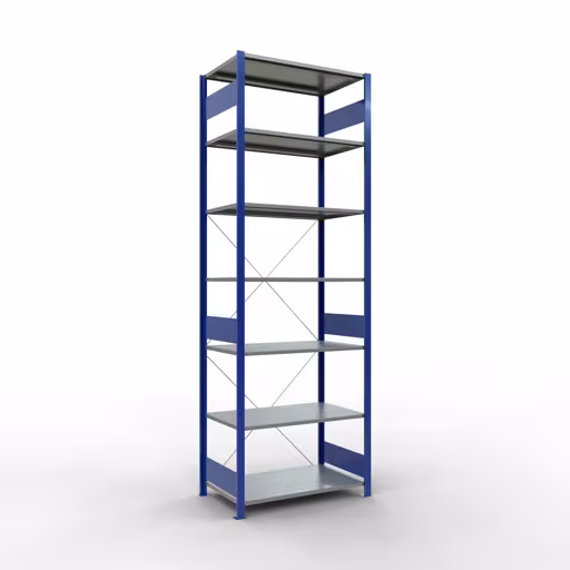 Abbildung Nr 8 des Artikels Grundregal, Fachbodenregal Stecksystem MULTIplus85, 3000 x 1000 x 600 mm (HxBxT), 7 Fachböden, Kreuzstrebe, RAL 5010 enzianblau aus der Produktgruppe Stecksystem von der Marke Schulte Lagertechnik