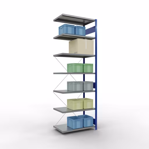 Abbildung Nr 11 des Artikels Anbauregal, Fachbodenregal Stecksystem MULTIplus330, 3000 x 1000 x 600 mm (HxBxT), 7 Fachböden, Kreuzstrebe, RAL 5010 enzianblau/verzinkt aus der Produktgruppe Stecksystem von der Marke Schulte Lagertechnik