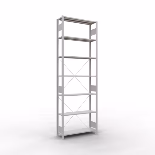 Grundregal, Fachbodenregal Stecksystem MULTIplus85, 3000 x 1000 x 300 mm (HxBxT), 7 Fachböden, Kreuzstrebe, RAL 7035 lichtgrau aus der Kategorie Grundregal mit der Artikelnummer 33032