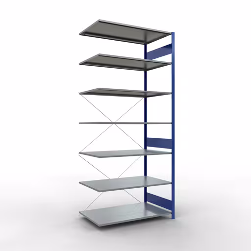 Produktbild Nr.14 des Artikels Anbauregal, Fachbodenregal Stecksystem MULTIplus150, 3000 x 1300 x 800 mm (HxBxT), 7 Fachböden, Kreuzstrebe, RAL 5010 enzianblau/verzinkt aus der Produktreihe Stecksystem von der Marke Schulte Lagertechnik