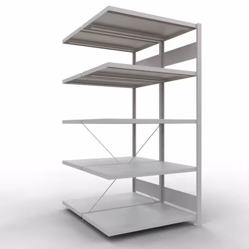 Anbauregal, Doppelregal, Fachbodenregal Stecksystem MULTIplus250, 2000 x 1000 x (2x600) mm (HxBxT), 2x5 Fachböden, Kreuzstrebe, RAL 7035 lichtgrau aus der Kategorie Doppelregale mit der Artikelnummer 32165-A