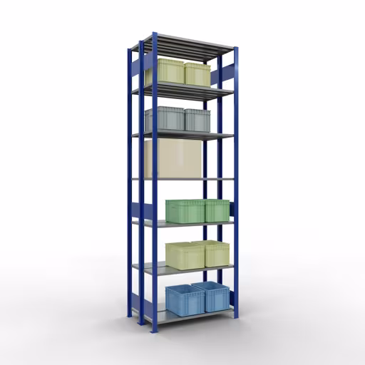 Produktbild Nr.15 des Artikels Grundregal, Doppelregal, Fachbodenregal Stecksystem MULTIplus150, 3000 x 1000 x (2x300) mm (HxBxT), 2x7 Fachböden, Längenriegel, RAL 5010 enzianblau aus der Produktreihe Fachbodenregale von der Marke Schulte Lagertechnik