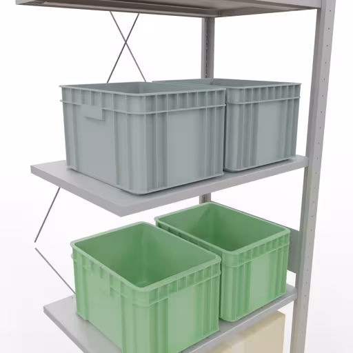 Anbauregal, Fachbodenregal Stecksystem MULTIplus150, 3000 x 750 x 500 mm (HxBxT), 7 Fachböden, Kreuzstrebe, RAL 7035 lichtgrau von der Marke Schulte Lagertechnik aus der Produktreihe Stecksystem