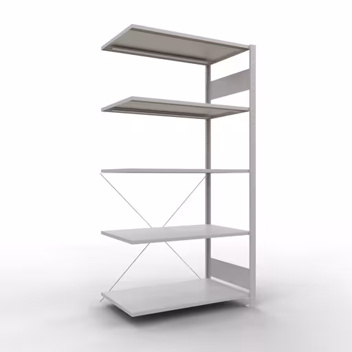 Anbauregal, Fachbodenregal Stecksystem MULTIplus150, 2000 x 1000 x 600 mm (HxBxT), 5 Fachböden, Kreuzstrebe, RAL 7035 lichtgrau aus der Kategorie Anbauregal mit der Artikelnummer 32665
