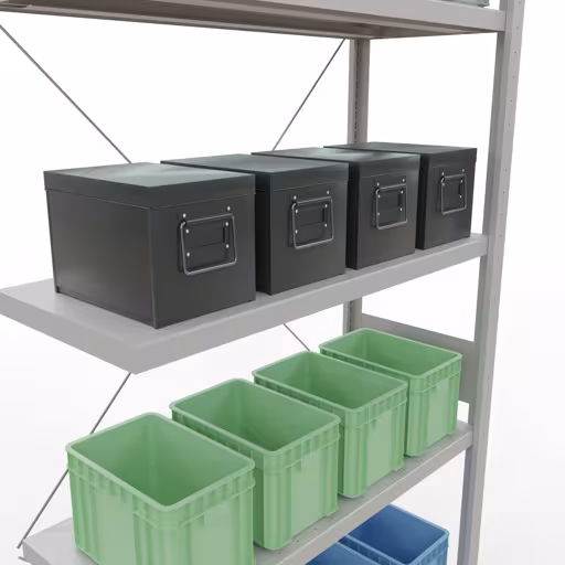 Abbildung Nr 8 des Artikels Anbauregal, Fachbodenregal Stecksystem MULTIplus330, 3000 x 1000 x 400 mm (HxBxT), 7 Fachböden, Kreuzstrebe, RAL 7035 lichtgrau aus der Produktgruppe Stecksystem von der Marke Schulte Lagertechnik