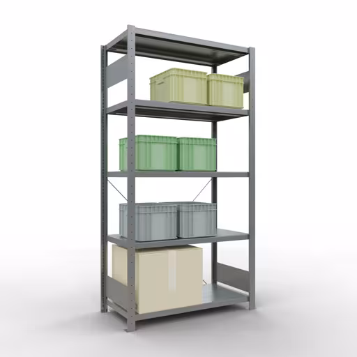 Grundregal, Fachbodenregal Stecksystem MULTIplus250, 2000 x 1000 x 500 mm (HxBxT), 5 Fachböden, Kreuzstrebe, verzinkt mit der GTIN 4004514202857 Grundregal, Fachbodenregal Stecksystem MULTIplus250, 2000 x 1000 x 500 mm (HxBxT), 5 Fachböden, Kreuzstrebe, verzinkt von Schulte Lagertechnik mit der Artikelnr. 12950