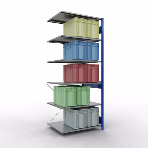 Anbauregal, Fachbodenregal Stecksystem MULTIplus150, 2500 x 1000 x 800 mm (HxBxT), 6 Fachböden, Kreuzstrebe, RAL 5010/verzinkt von der Marke Schulte Lagertechnik aus der Produktreihe Stecksystem