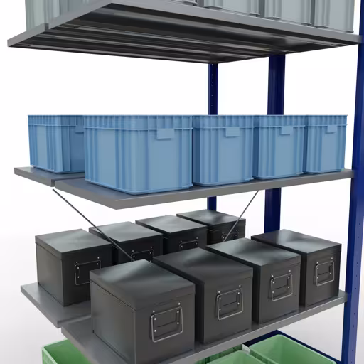Anbauregal, Doppelregal, Fachbodenregal Stecksystem MULTIplus150, 2000 x 1000 x (2x400) mm (HxBxT), 2x5 Fachböden, Kreuzstrebe, RAL 5010 enzianblau von der Marke Schulte Lagertechnik aus der Produktreihe Fachbodenregale