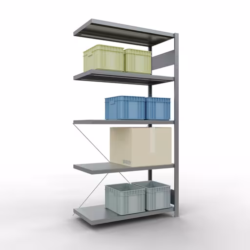 Produktbild Nr.6 des Artikels Anbauregal, Fachbodenregal Stecksystem MULTIplus250, 2000 x 1000 x 500 mm (HxBxT), 5 Fachböden, Kreuzstrebe, verzinkt aus der Produktreihe Stecksystem von der Marke Schulte Lagertechnik