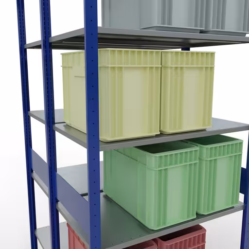 Produktbild Nr.8 des Artikels Grundregal, Doppelregal, Fachbodenregal Stecksystem MULTIplus150, 3000 x 1000 x (2x600) mm (HxBxT), 2x7 Fachböden, Längenriegel, RAL 5010 enzianblau aus der Produktreihe Fachbodenregale von der Marke Schulte Lagertechnik