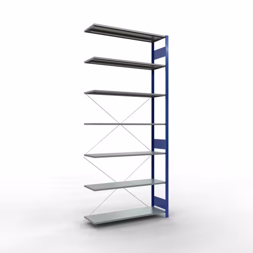 Anbauregal, Fachbodenregal Stecksystem MULTIplus150, 3000 x 1300 x 400 mm (HxBxT), 7 Fachböden, Kreuzstrebe, RAL 5010 enzianblau/verzinkt aus der Kategorie Anbauregal mit der Artikelnummer 12747-130-B