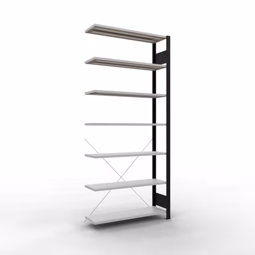 Anbauregal, Büro-Fachbodenregal Stecksystem MULTIplus85, 2300 x 1000 x 300 mm (HxBxT), 7 Fachböden, Kreuzstrebe, ohne Anschlagleiste, schwarz/lichtgrau von der Marke Schulte Lagertechnik Anbauregal, Büro-Fachbodenregal Stecksystem MULTIplus85, 2300 x 1000 x 300 mm (HxBxT), 7 Fachböden, Kreuzstrebe, ohne Anschlagleiste, schwarz/lichtgrau aus der Kategorie Stecksystem mit der Artikelnummer 36034-S
