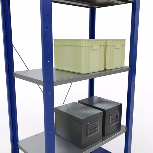 Zusatzbild des Artikels Grundregal, Fachbodenregal Stecksystem MULTIplus150, 2000 x 750 x 400 mm (HxBxT), 5 Fachböden, Kreuzstrebe, RAL 5010 enzianblau/verzinkt/verzinkt aus Grundregal