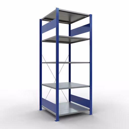 Grundregal, Fachbodenregal Stecksystem MULTIplus150, 2000 x 750 x 800 mm (HxBxT), 5 Fachböden, Kreuzstrebe, RAL 5010 enzianblau/verzinkt/verzinkt aus der Kategorie Grundregal mit der Artikelnummer 12780-75-B