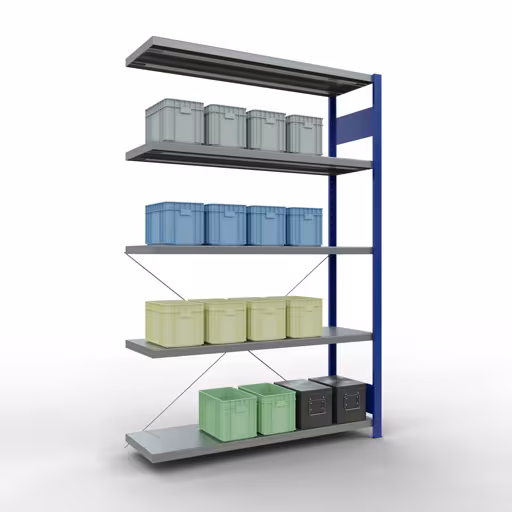 Anbauregal, Fachbodenregal Stecksystem MULTIplus250, 2000 x 1300 x 400 mm (HxBxT), 5 Fachböden, Kreuzstrebe, RAL 5010 enzianblau/verzinkt von Schulte Lagertechnik mit der Artikelnr. 12945-130-B