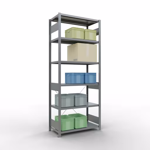 Produktbild Nr 15 des Artikels Grundregal, Fachbodenregal Stecksystem MULTIplus330, 2500 x 1000 x 500 mm (HxBxT), 6 Fachböden, Kreuzstrebe, verzinkt Abbildung Nr 15 des Artikels Grundregal, Fachbodenregal Stecksystem MULTIplus330, 2500 x 1000 x 500 mm (HxBxT), 6 Fachböden, Kreuzstrebe, verzinkt aus der Produktgruppe Stecksystem von der Marke Schulte Lagertechnik